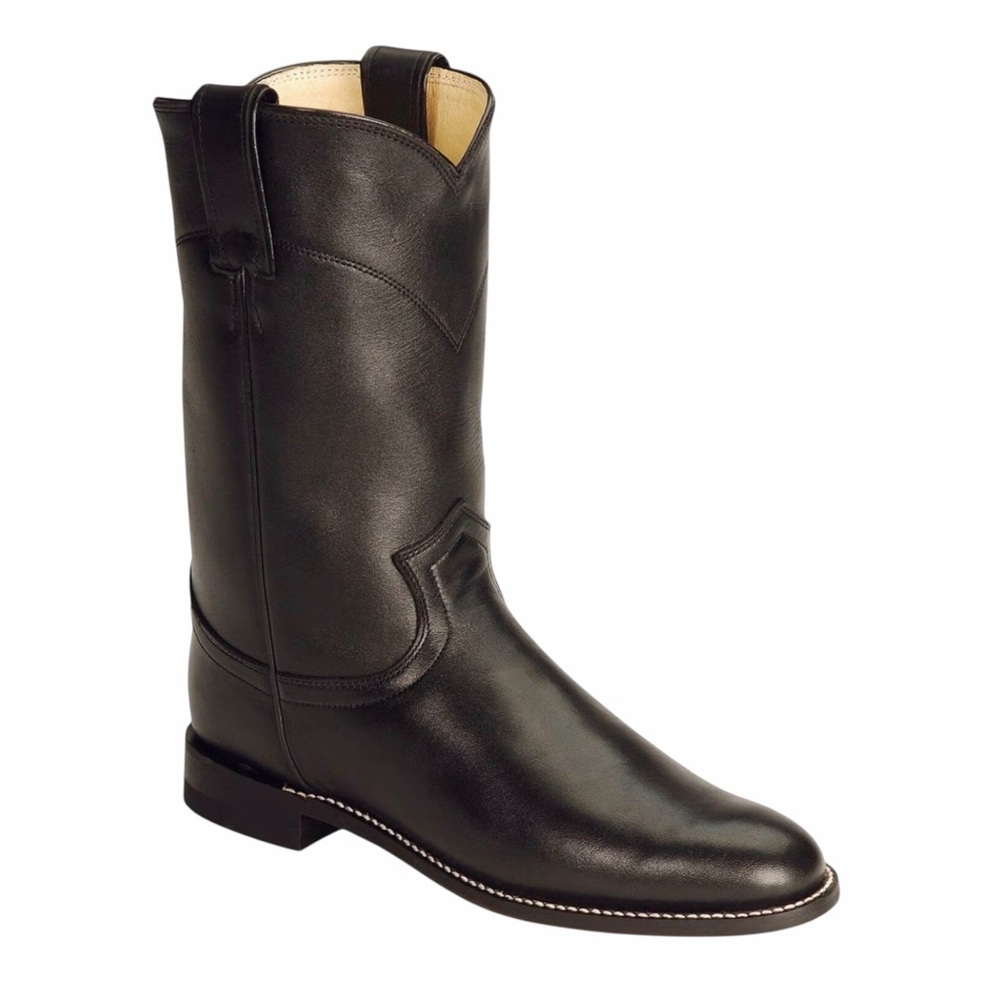 Justin Black Leather Roper Round Toe Cowboy Boots Shoes size 7.5 C Wide